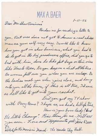 Lot #1097 Max Baer: High and low times for Baer: A collection of twenty letters from Baer to a Denver saloon owner who kept him financially afloat during his final years - Image 4