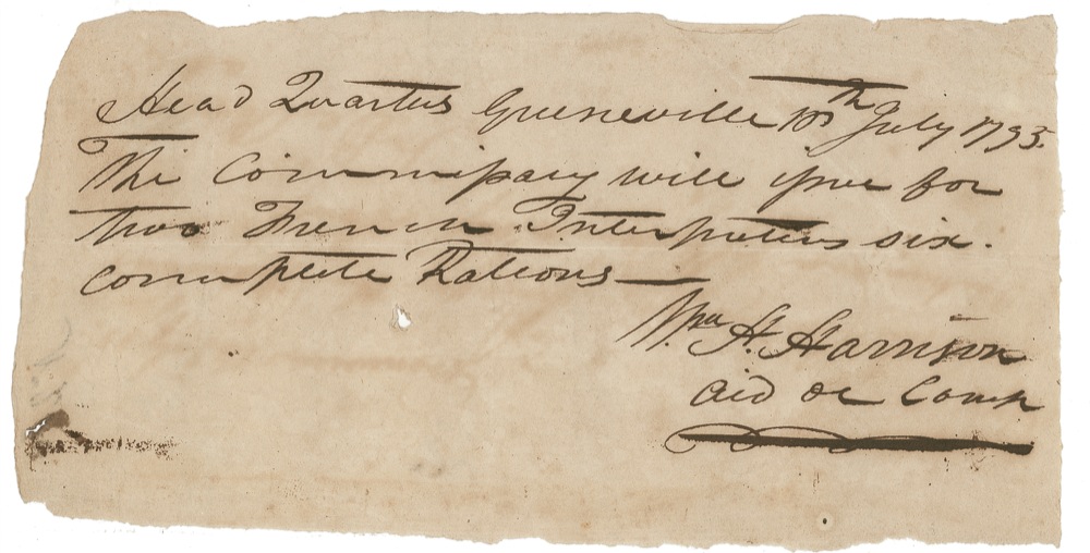 Lot 63 William Henry Harrison: Harrison provides provisions for two French interpreters before signing the Treaty of Greenville