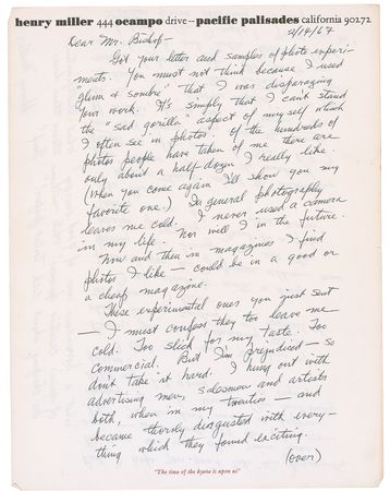 Lot #548 Henry Miller: Miller’s disdain for the advertising profession: “While millions starve these birds are chirping about silk toilet paper!’” - Image 1
