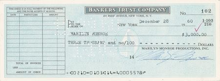 Lot #1006 Marilyn Monroe: With her divorce from Arthur Miller eminent, the Misfit starlet cuts herself a hefty check - Image 1