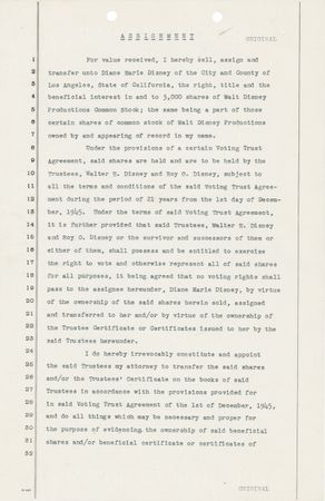 Lot #604 Walt Disney: Disney grants his eldest daughter with a gift that would keep on giving: 3000 shares of Disney common stock - Image 1