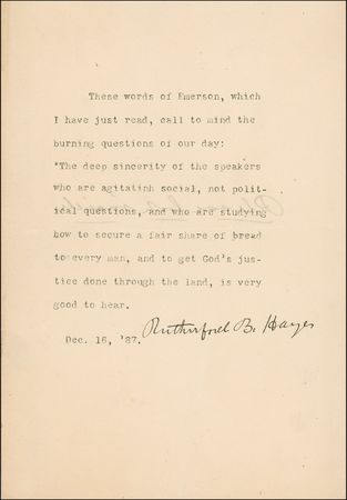 Lot #62 Rutherford and Lucy Hayes Typed Quote Signed - Image 1