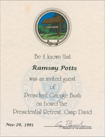 Lot #12 George Bush: Camp David guest certificate
