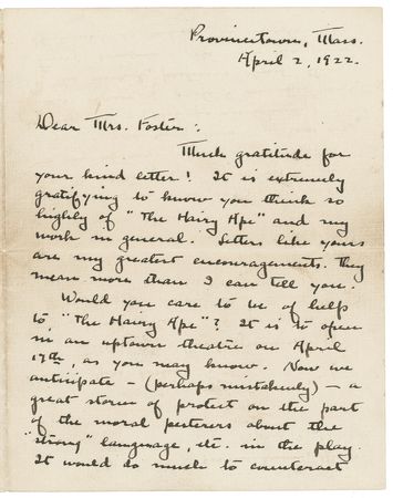 Lot #557 Eugene O?Neill: O?Neill correctly predicts ?a great storm of protest on the part of the moral pesterers about the ?strong? language? in The Hairy Ape - Image 1