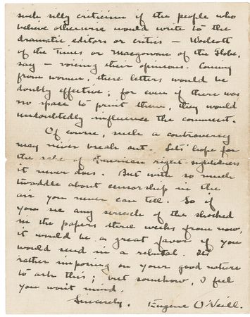 Lot #557 Eugene O?Neill: O?Neill correctly predicts ?a great storm of protest on the part of the moral pesterers about the ?strong? language? in The Hairy Ape - Image 2