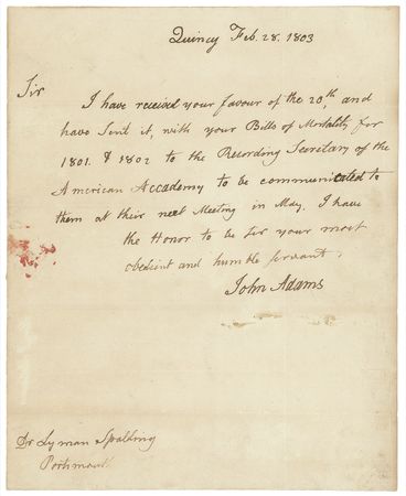 Lot #2 John Adams: With death rates in the young country soaring, Adams transmits mortality reports from the future founder of the Dartmouth Medical School - Image 1