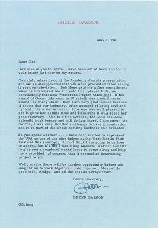 Lot #918 Greer Garson: Garson refers to Elizabeth Taylor?s Best Actress Oscar for 1960s Butterfield 8 as a ?sentimental award..it shows that our industry, often accused of being cold and cynical, has a warm heart? - Image 1