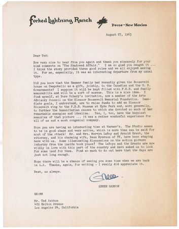 Lot #918 Greer Garson: Garson refers to Elizabeth Taylor?s Best Actress Oscar for 1960s Butterfield 8 as a ?sentimental award..it shows that our industry, often accused of being cold and cynical, has a warm heart? - Image 2