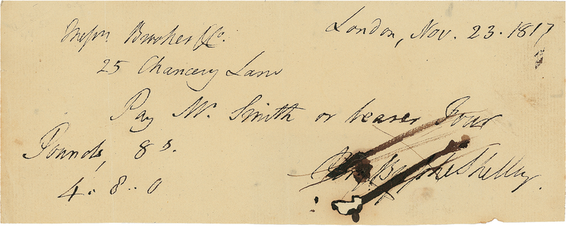 Lot 614 Percy Bysshe Shelley: A month before his greatest work??Ozymandias??is completed, a Romantic writer sends payment