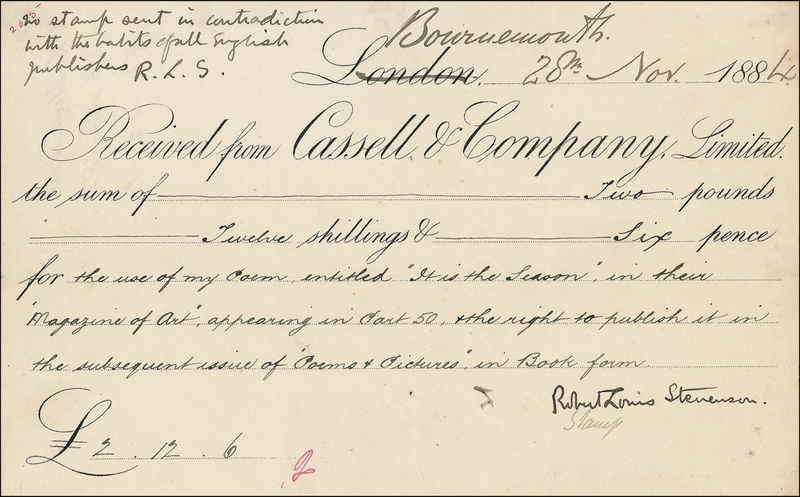 Lot 617 Robert Louis Stevenson: In a break from protocol, the miffed author of ?Treasure Island? refuses to send a stamp
