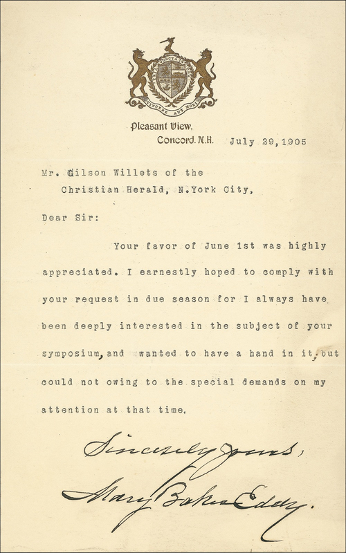 Lot 234 Mary Baker Eddy: The founder of Christian Science cites ?the special demands on my attention at that time? for not participating in a symposium