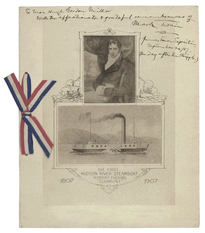 Lot 533 Samuel L. Clemens: CLEMENS HONORS FULTON: The famed writer signs at an historic dinner commemorating the centenary of the steamboat