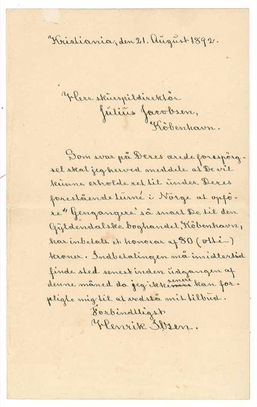 Lot 566 Henrik Ibsen: “I will grant you the right to perform ‘Ghosts’ during your imminent tour of Norway”