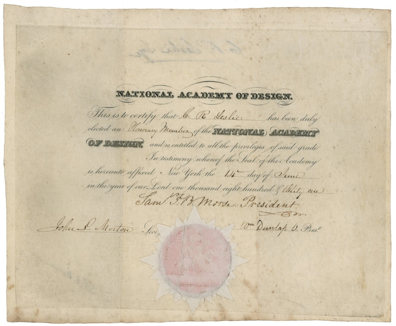 Lot 285 Samuel F. B. Morse: A year before his conception of the telegraph, the multi-talented artist and inventor admits an eminent painter to the National Academy of Design