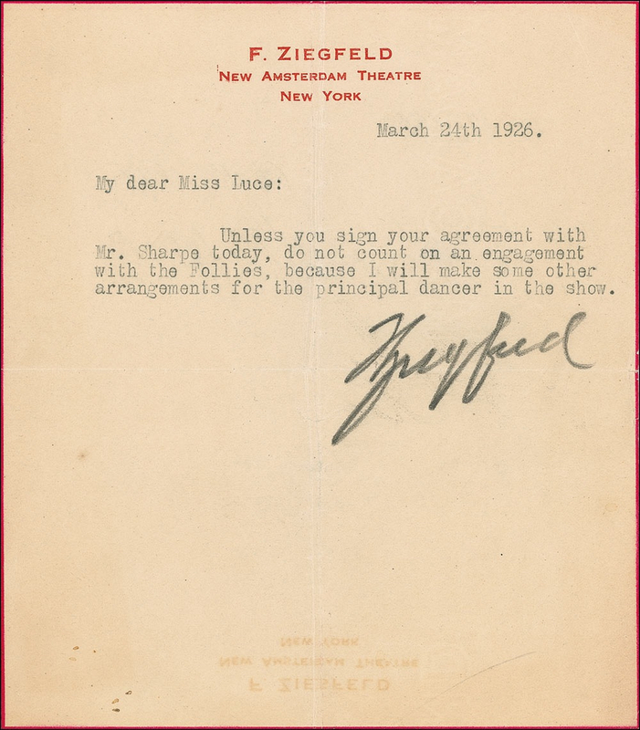Lot 1140 Flo Ziegfeld: Ziegfeld sends an ultimatum to Claire Luce: “do not count on an engagement with the Follies”