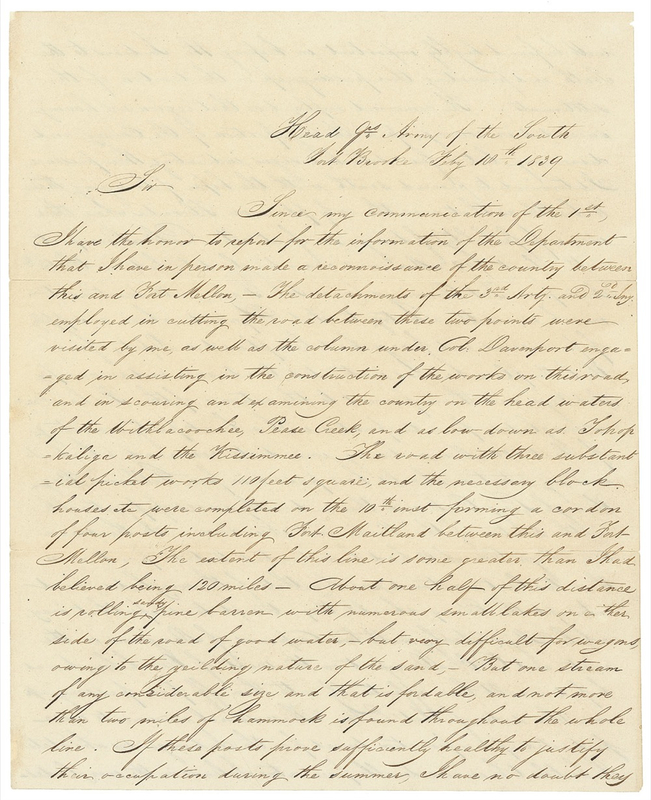 Lot 157 Zachary Taylor: ?Old Rough and Ready,? engaged in the Seminole Wars, looks to strengthen four posts following a recent attack: ?Some runaway Negroes together with a few Indians have of late infested the neighbourhood?
