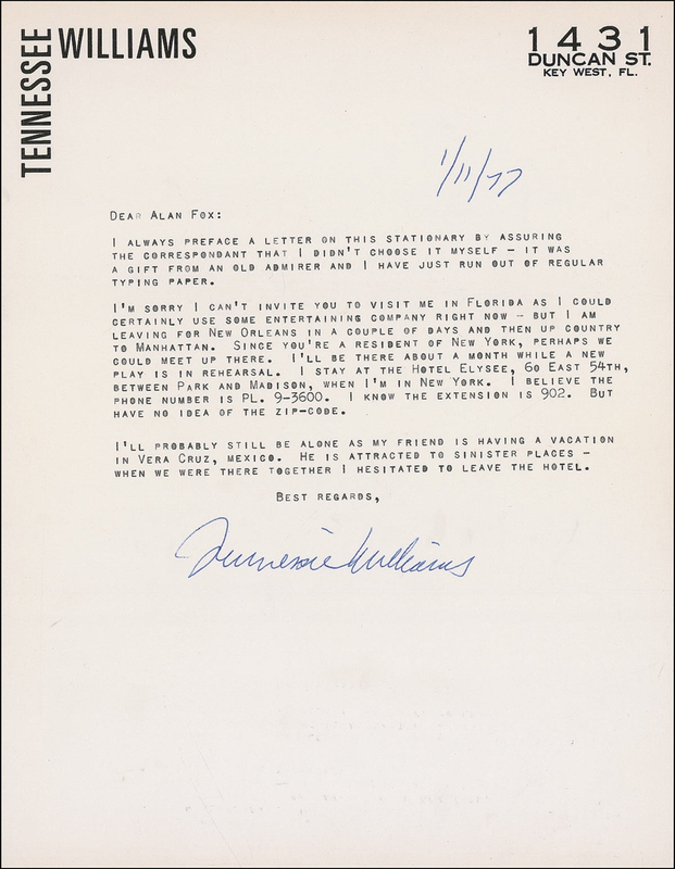 Lot 624 Tennessee Williams: Williams writes of his scary travel companion: “He is attracted to sinister places”