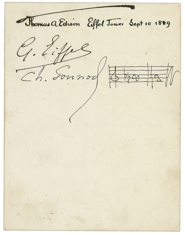 Lot 235 Thomas Edison, Gustave Eiffel, and Charles Gounod: Edison, Eiffel, and Gounod sign during Edison?s visit to the Eiffel Tower