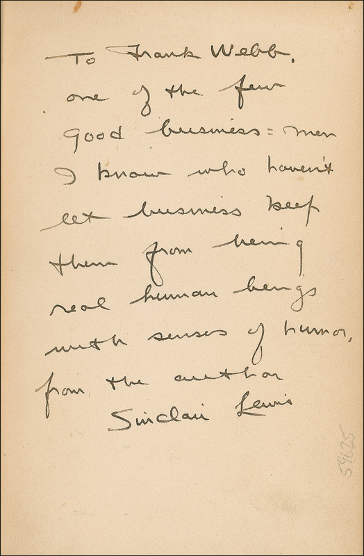 Lot 576 Sinclair Lewis: Two great inscriptions: one in words, one in picture