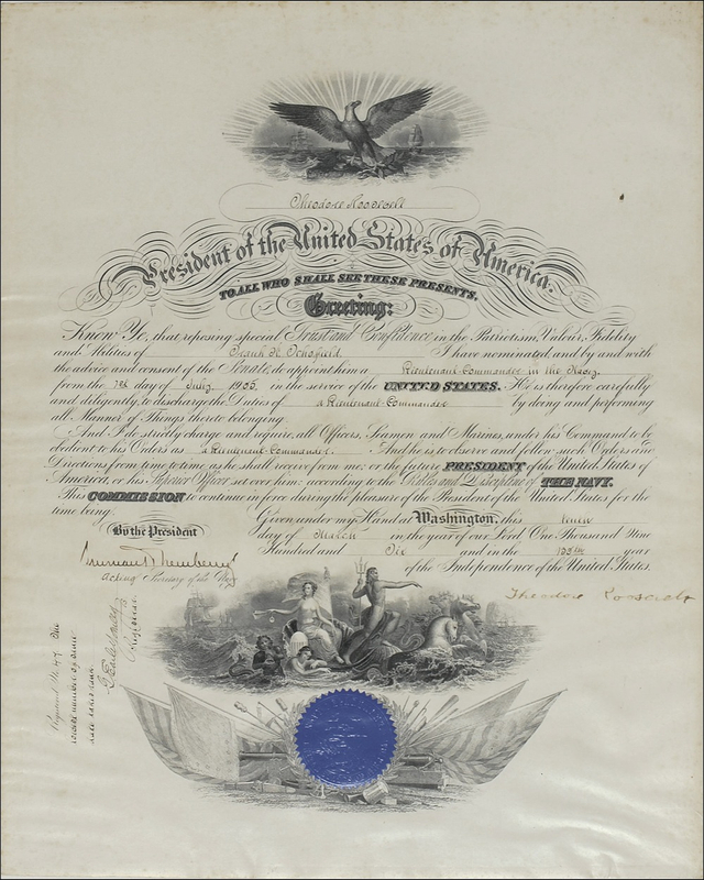 Lot 147 Theodore Roosevelt: Roosevelt signs an early naval commission for future Rear Admiral Schofield