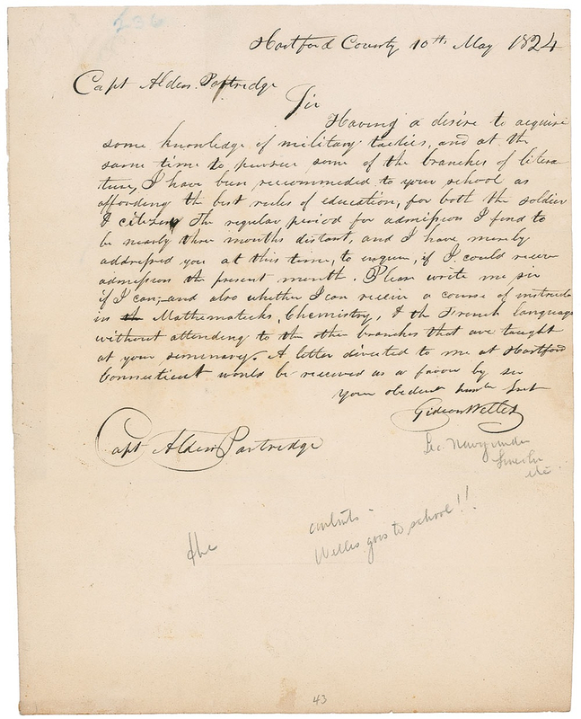 Lot 330 Gideon Welles: Welles seeks ?knowledge of military tactics? from the founder of Norwich University