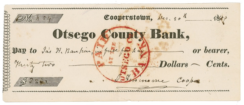 Lot 537 James Fenimore Cooper Check