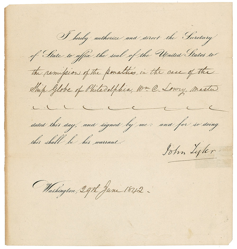 Lot 170 John Tyler: Tyler forgives the penalties of the Globe and its master