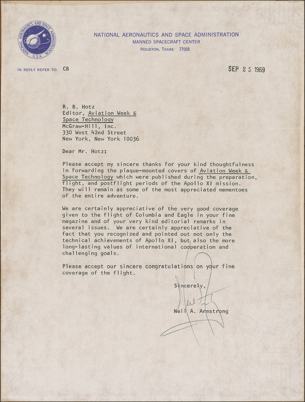 Lot 445 Neil Armstrong:  Safely back on Earth in 1969, Armstrong thanks Aviation Week for recognizing ?not only the technical achievements of Apollo XI, but also the more long-lasting values of international cooperation and challenging goals?
