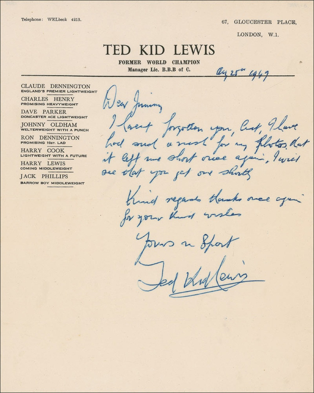 Lot 1246 Ted ?Kid? Lewis Handwritten Letter Signed