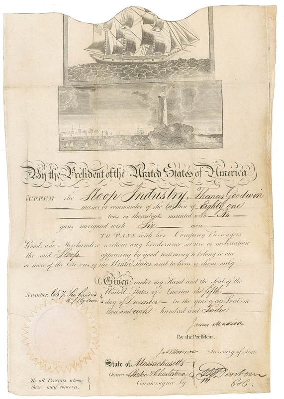 Lot 95 James Madison and James Monroe: Signing a ship?s pass in the early months of the War of 1812