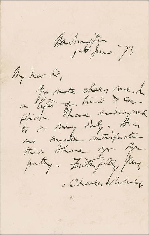 Lot 312 Charles Sumner: “In a life of trial & conflict I have endeared to do my duty”