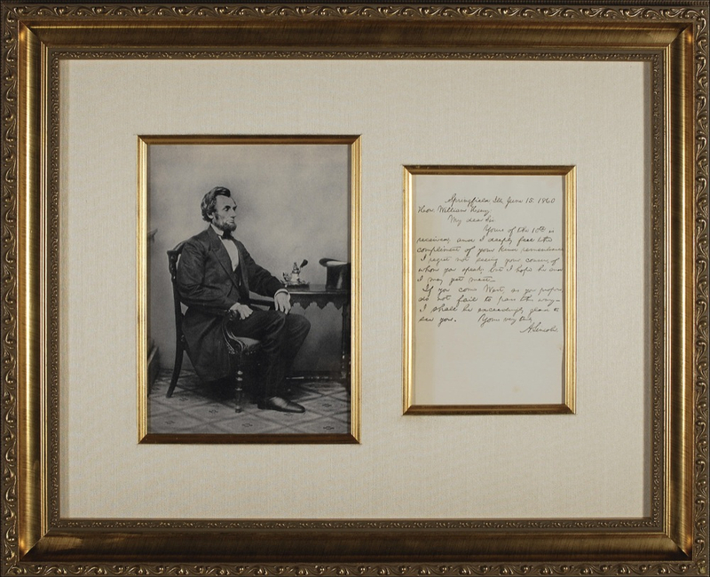 Lot 92 Abraham Lincoln: Shortly after capturing the Republican nomination, Lincoln tells an old Vermont colleague, ?If you come West, as you propose, do not fail to pass this way?