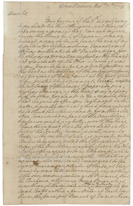 Lot 173 George Washington: Washington looks toward the expansion of the British colonies into the Ohio Valley, but the revolution two year later alters his plans
