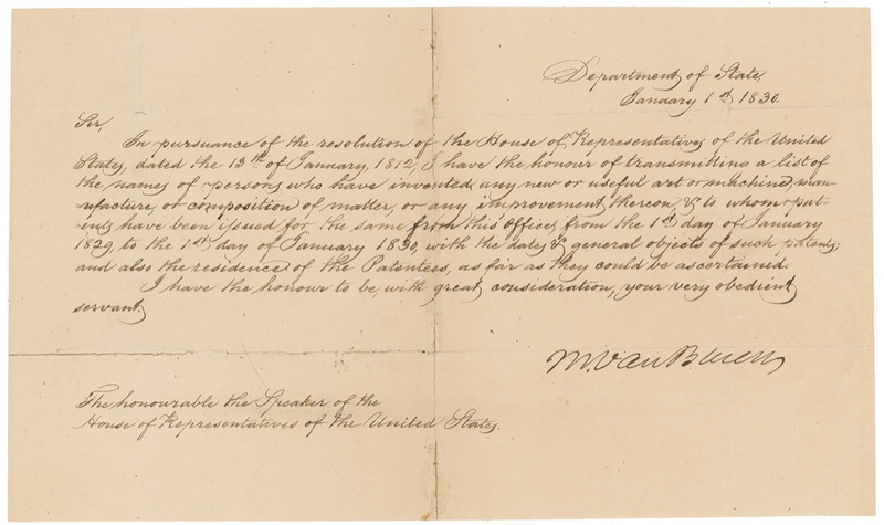 Lot 172 Martin Van Buren: The Secretary of State presents a year’s worth of patents to the opening of the 1830 US Congress