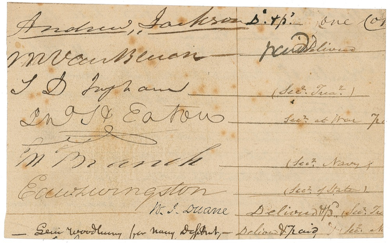 Lot 75 Andrew Jackson, Martin Van Buren, and Cabinet: Jackson, Van Buren, and six of his Cabinet, including John Eaton, whose wife was the center of the Petticoat Affair