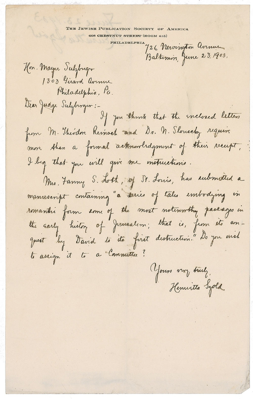 Lot 320 Henrietta Szold: Szold, the founder of Hadassah, comments on a manuscript featuring ?in romantic form some of the most noteworthy passages in the early history of Jerusalem?