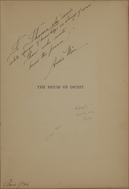 Lot 594 Anais Nin: Signed limited first edition of The House of Incest