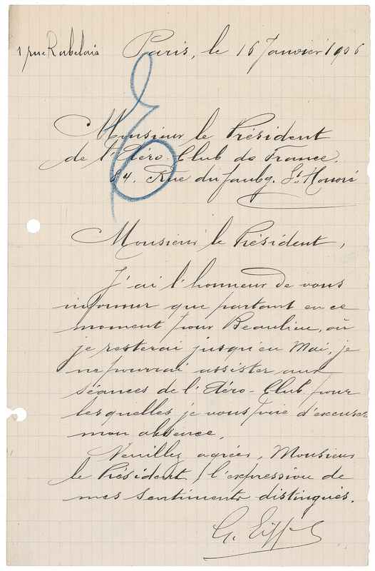 Lot 243 Gustave Eiffel: Eiffel sends regrets for being unable to attend a meeting