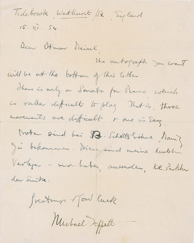 Lot 712 Michael Tippett Handwritten Letter Signed