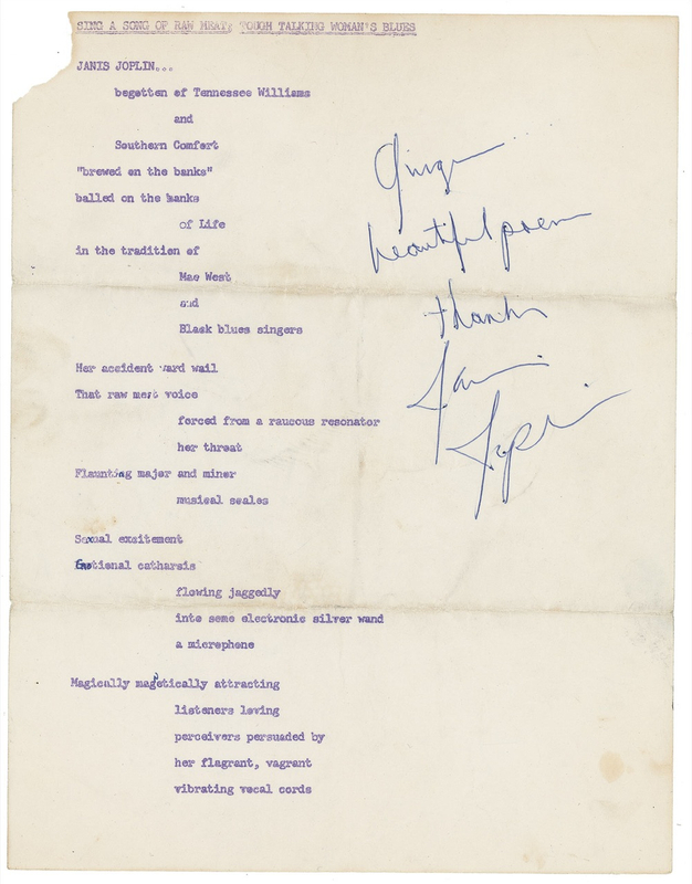 Lot 788 Janis Joplin: From her tumultuous year of 1969, Janis enjoys the ?beautiful poem??Song of Raw Meat?that would appear in Rolling Stone
