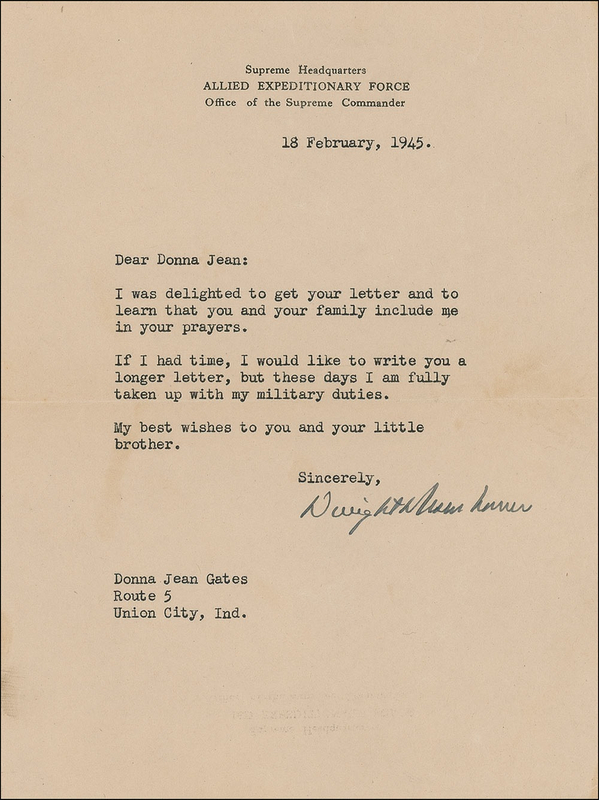 Lot 36 Dwight D. Eisenhower: As the Allies close in on the Third Reich, Ike sends thanks for a youngster?s prayers