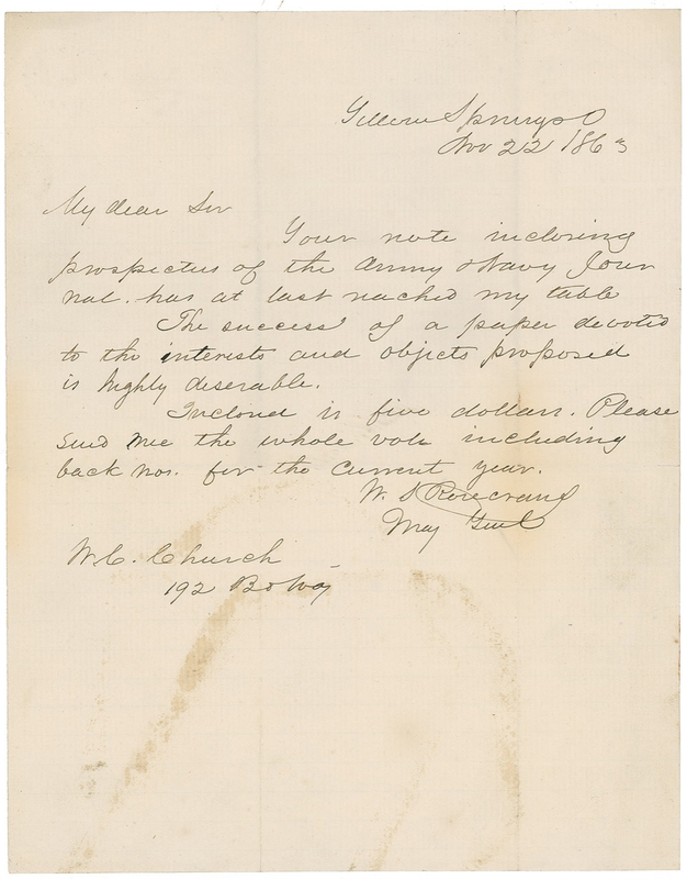 Lot 401 William S. Rosecrans: Relieved of command by Grant following Chickamauga just a month earlier, the Union general sends a war-dated note approving a literary proposal