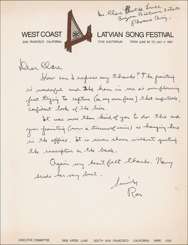 Lot 128 Ronald Reagan: Writing to longtime friend Clare Boothe Luce that “the ham in me is overflowing just trying to capture that comfortable, confident look of the lion”