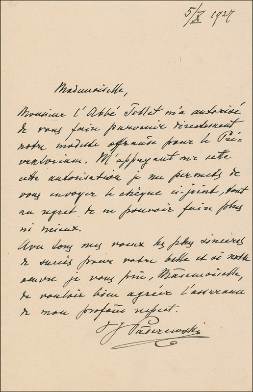 Lot 694 Ignace J. Paderewski Handwritten Letter Signed