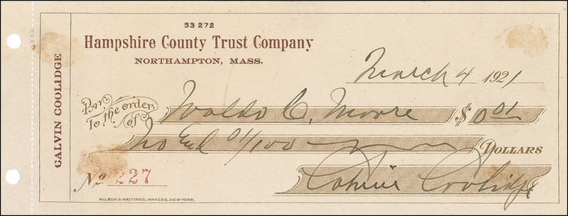 Lot 29 Calvin Coolidge: One penny payment on the day of his inauguration