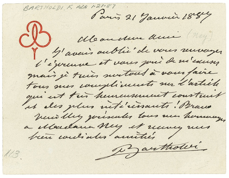 Lot 519 Frederic-Auguste Bartholdi Handwritten Letter Signed
