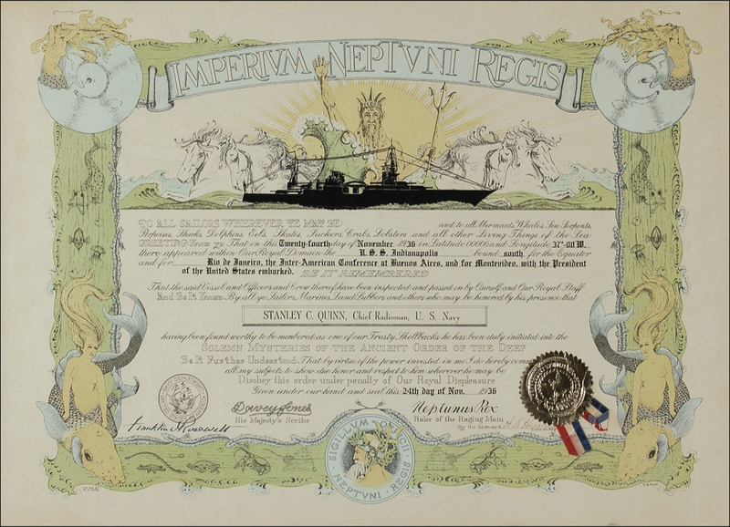 Lot 141 Franklin D. Roosevelt: The first-ever crossing of the equator by a sitting US President is commemorated in a scarce Shellback certificate—from the doomed USS Indianapolis