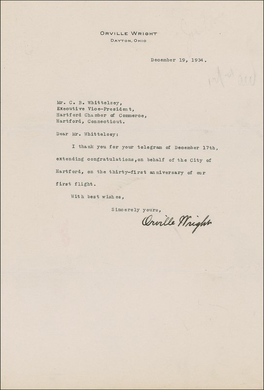 Lot 510 Orville Wright: Sending thanks to Hartford on his first-flight anniversary