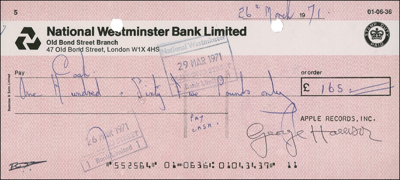 Lot 728 Beatles: George Harrison: A year after the Beatles? break up, George pads his account with an Apple check