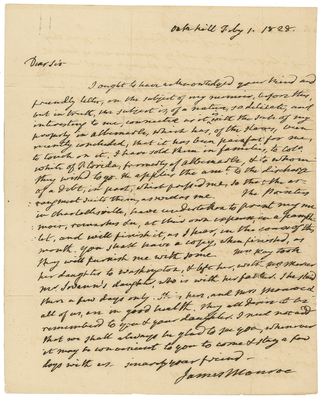 Lot 104 James Monroe: The paternalistic racism of a Founding Father: ?The sale of my property in Albemarle, which has, of the slaves, been recently concluded, that it has been painful for me, to touch on it. I have sold them in families?